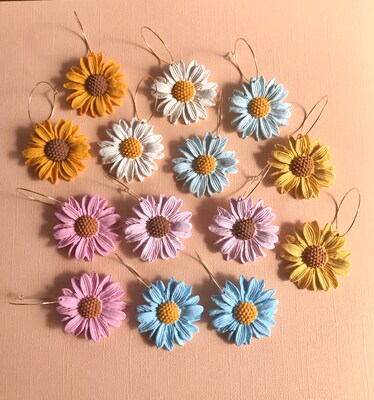 Flower Hoop Earrings, Daisy Sunflower Hoops, clay earrings, colorful flower jewelry, statement earrings, unique earrings, everyday earrings - image4